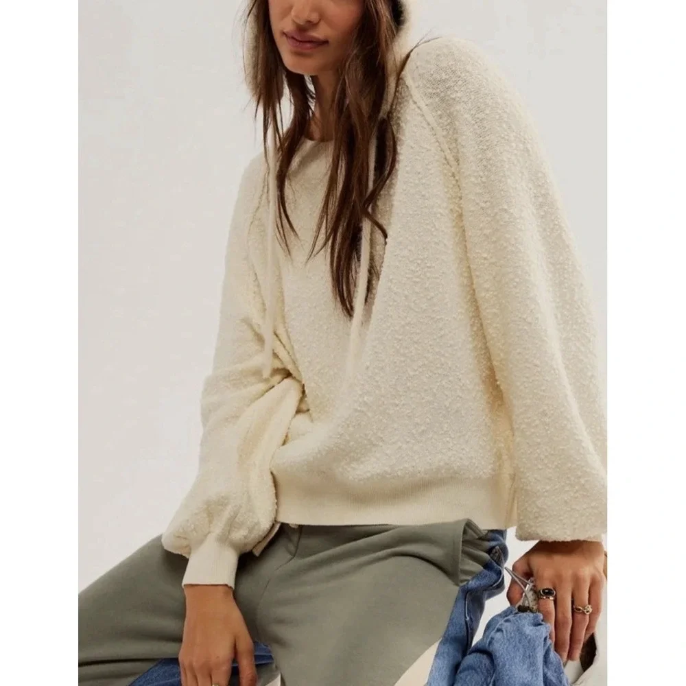 Free People Found My Friend Pullover Boucle Sweater Size Small Cream /Ivory